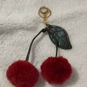 Cherry Pom Pom Keychain Red Faux Fur Gold Tone Bag Charm